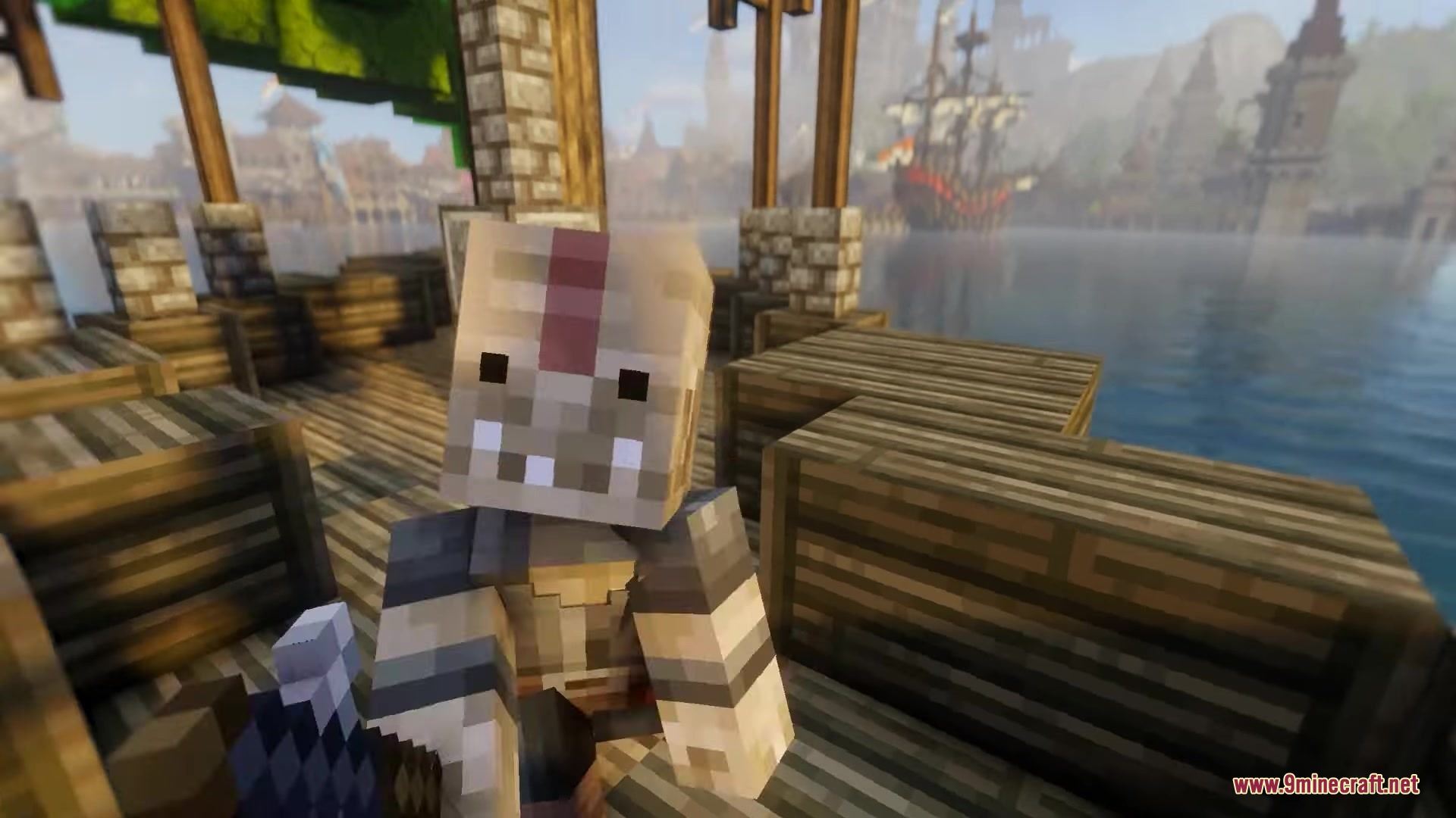 Guard villager with detailed facial textures standing on a wooden ship deck