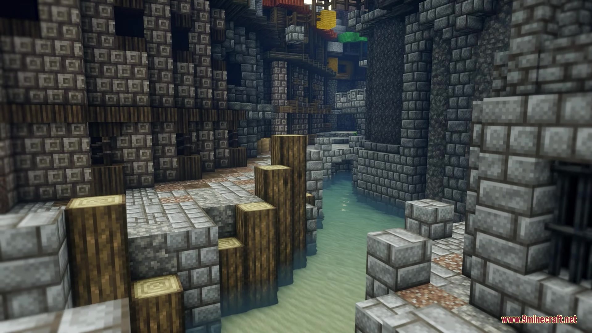 Medieval stone buildings line a narrow canal with wooden pillars in minecraft