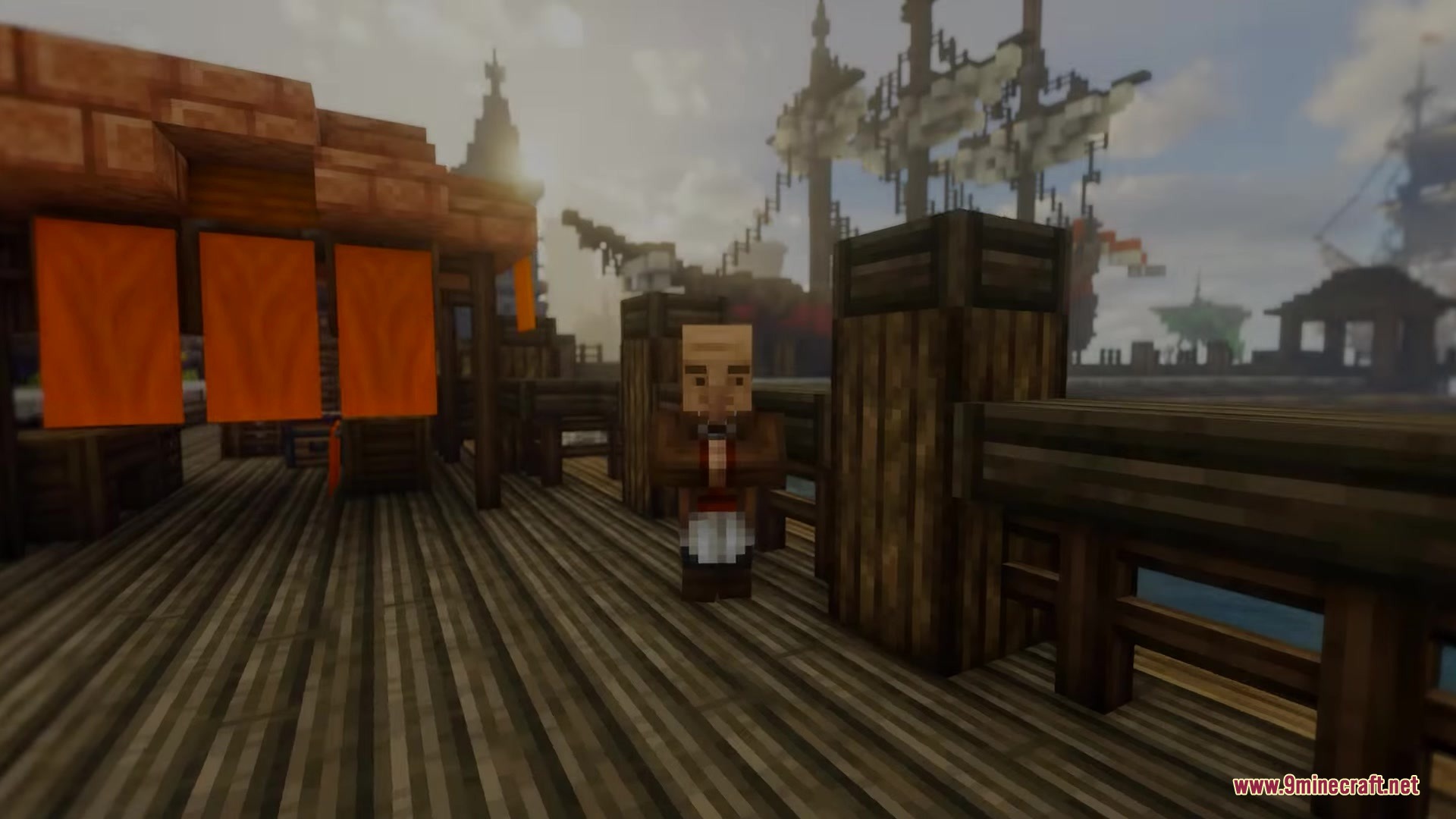 Excalibur fresh animations patch resource pack showing a villager on a wooden dock