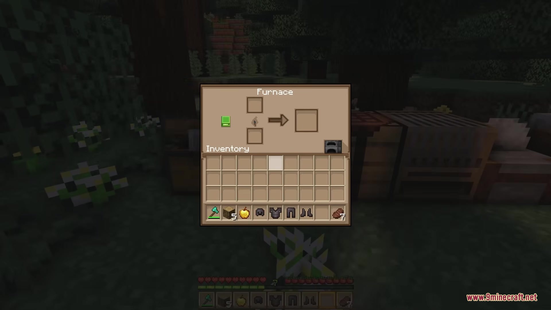 Farmer Gui By Matik Resource Pack (1.21.11, 1.20.1) – Cozy Golden Wheat Menus 5 A furnace interface with golden colors and a warm wheat theme in a forest