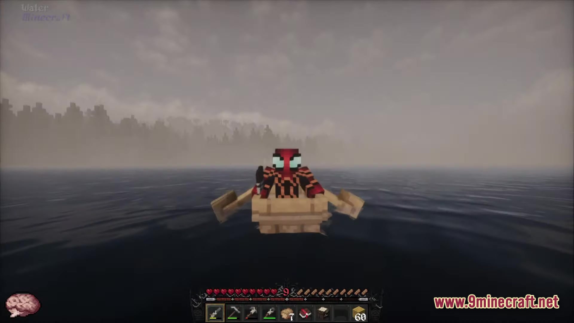 Fear Nightfall Remains Of Chaos Modpack (26.2, 1.20.1) – Survive The Endless Nightmare 4 A player character in a custom skin rows a wooden boat across a foggy ocean biome