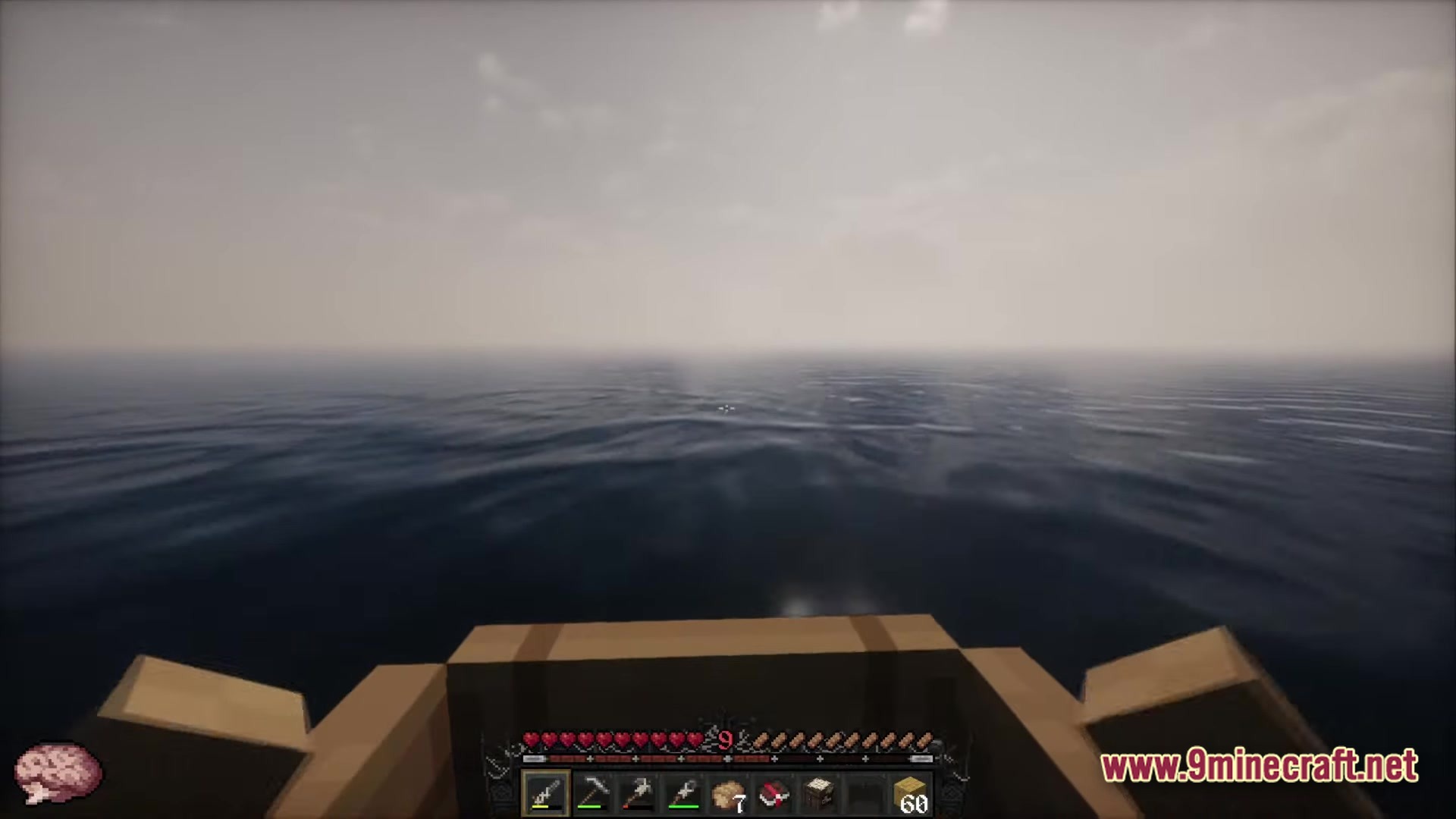 Fear Nightfall Remains Of Chaos Modpack (26.2, 1.20.1) – Survive The Endless Nightmare 5 A player navigates a vast, foggy ocean biome from a first-person perspective inside a wooden boat