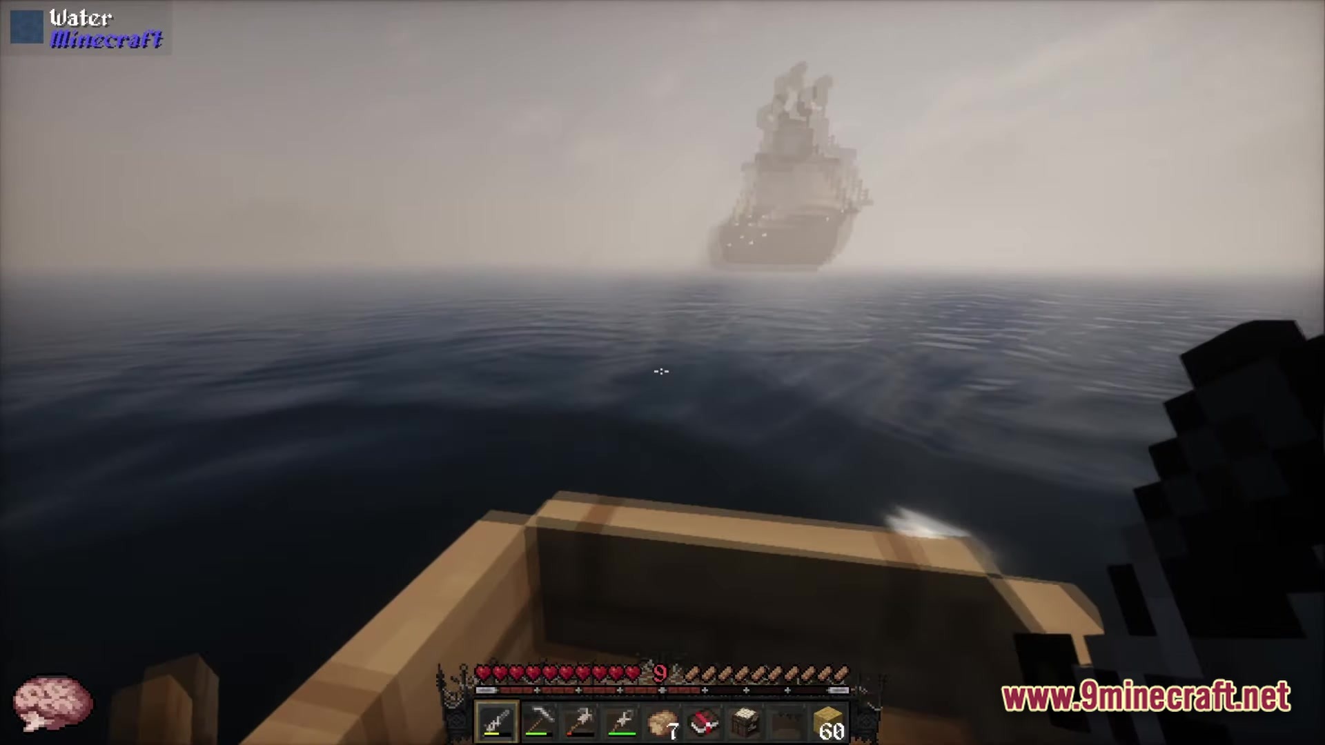 Fear Nightfall Remains Of Chaos Modpack (26.2, 1.20.1) – Survive The Endless Nightmare 6 A player in a wooden boat approaches a large sailing ship through thick ocean fog