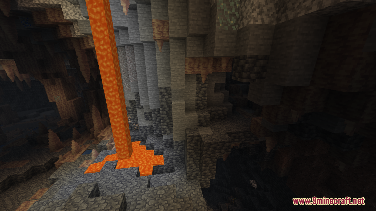 Flez’s Fullbright Resource Pack (1.21.11, 1.21.1) – Permanent Daylight 2 A bright underground cave featuring a lava fall and pointed dripstone blocks