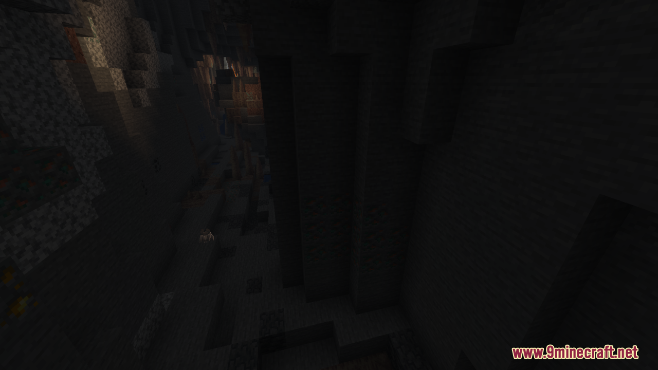 Flez’s Fullbright Resource Pack (1.21.11, 1.21.1) – Permanent Daylight 12 A dark and deep underground ravine with steep stone walls