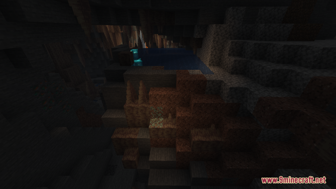 Flez’s Fullbright Resource Pack (1.21.11, 1.21.1) – Permanent Daylight 13 A dark cave interior featuring a small pool of water and stalactites