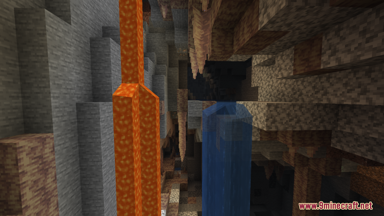 Flez’s Fullbright Resource Pack (1.21.11, 1.21.1) – Permanent Daylight 14 Brightly lit cave interior with lava and water flows near dripstone formations