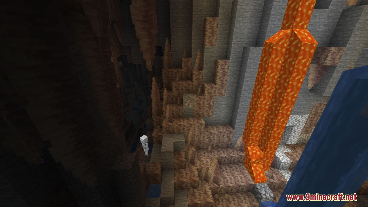Flez’s Fullbright Resource Pack (1.21.11, 1.21.1) – Permanent Daylight 15 A skeleton standing in a bright cave with lava and dripstone blocks