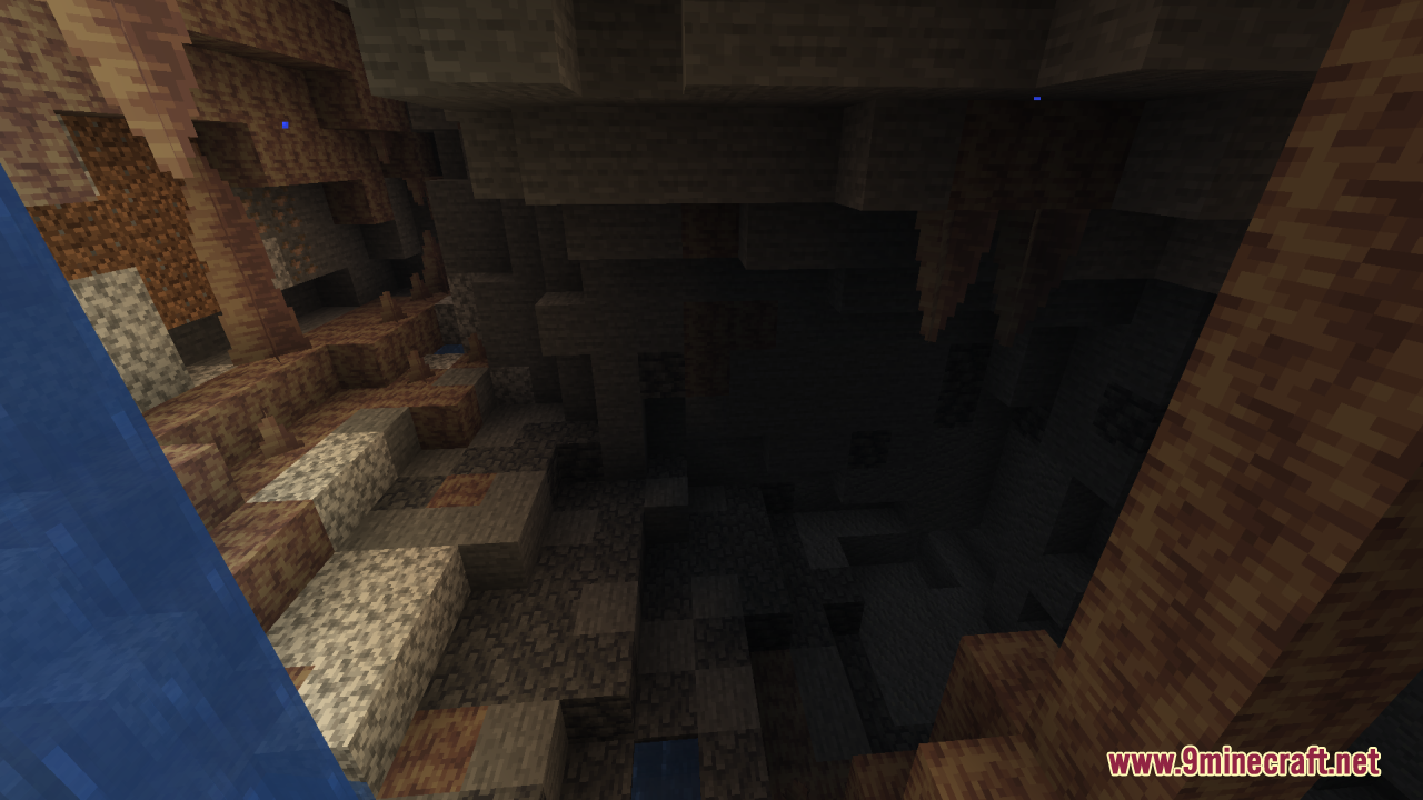 Flez’s Fullbright Resource Pack (1.21.11, 1.21.1) – Permanent Daylight 16 A dark minecraft cave with a waterfall and sharp stalactites