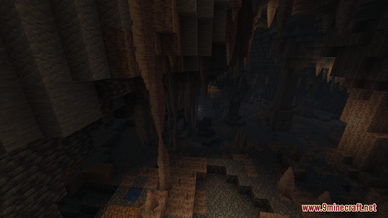 Flez’s Fullbright Resource Pack (1.21.11, 1.21.1) – Permanent Daylight 3 A dark cavern filled with stalactites and stalagmites in the minecraft world