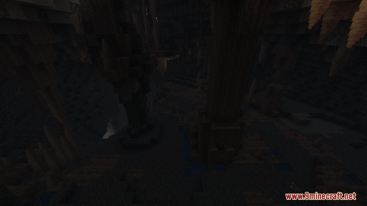 Flez’s Fullbright Resource Pack (1.21.11, 1.21.1) – Permanent Daylight 5 Dark underground cavern in minecraft featuring sharp stalactites and rocky terrain