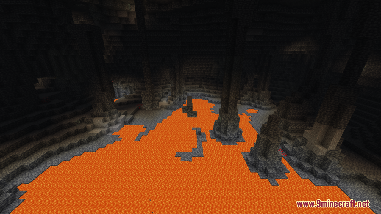 Flez’s Fullbright Resource Pack (1.21.11, 1.21.1) – Permanent Daylight 6 Bright underground minecraft cave with a large lava pool and stone pillars