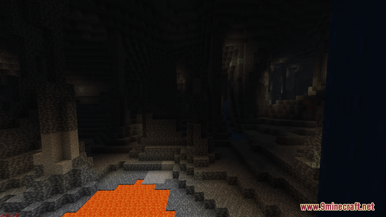 Flez’s Fullbright Resource Pack (1.21.11, 1.21.1) – Permanent Daylight 7 Dark minecraft cave showing a small lava pool and rocky terrain