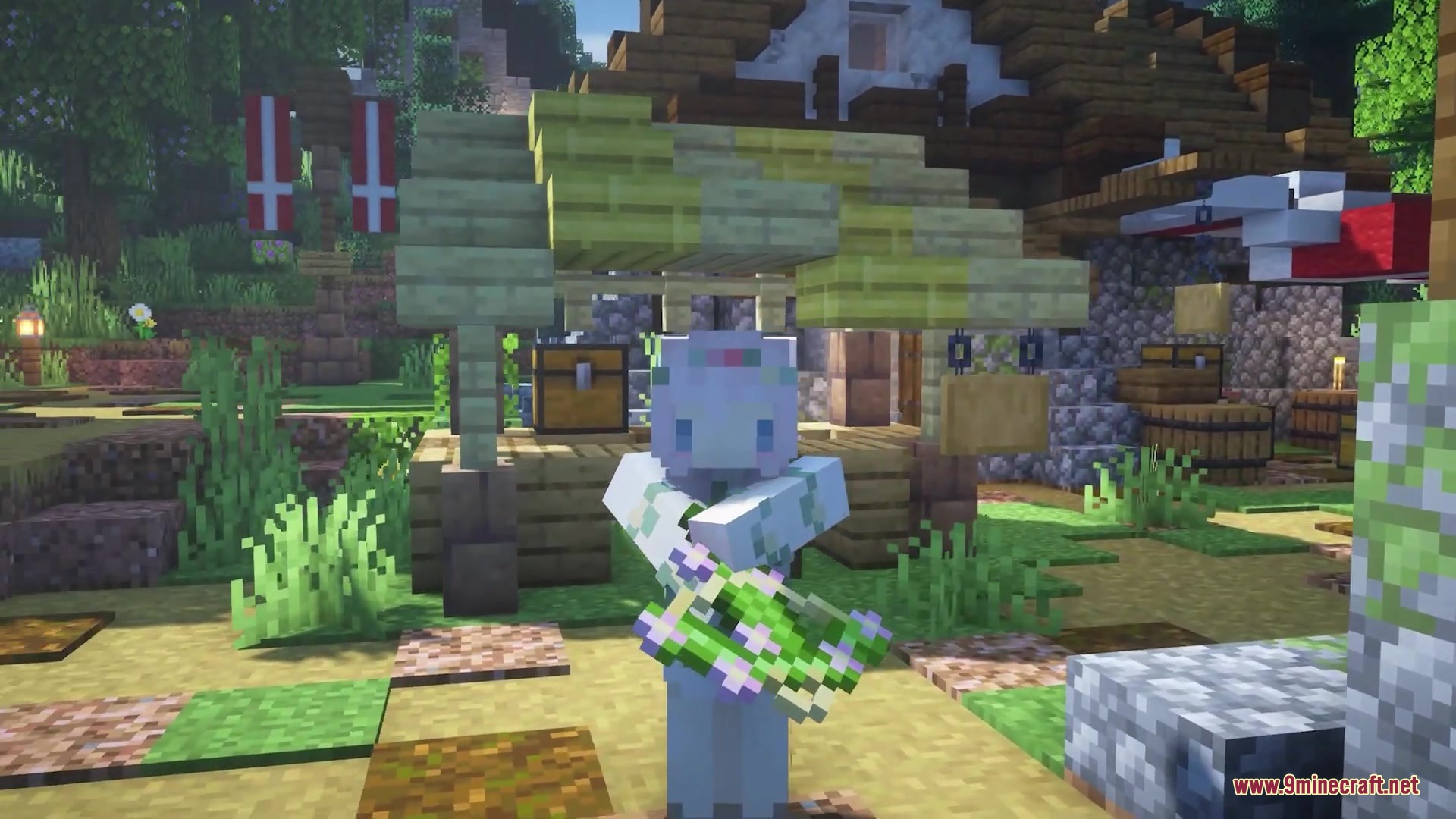 Flowering Oak Leaves Resource Pack (1.19.2, 1.18.2) – Springtime Blossoms 3 Player character displaying the oak leaves with small blossoms in a village