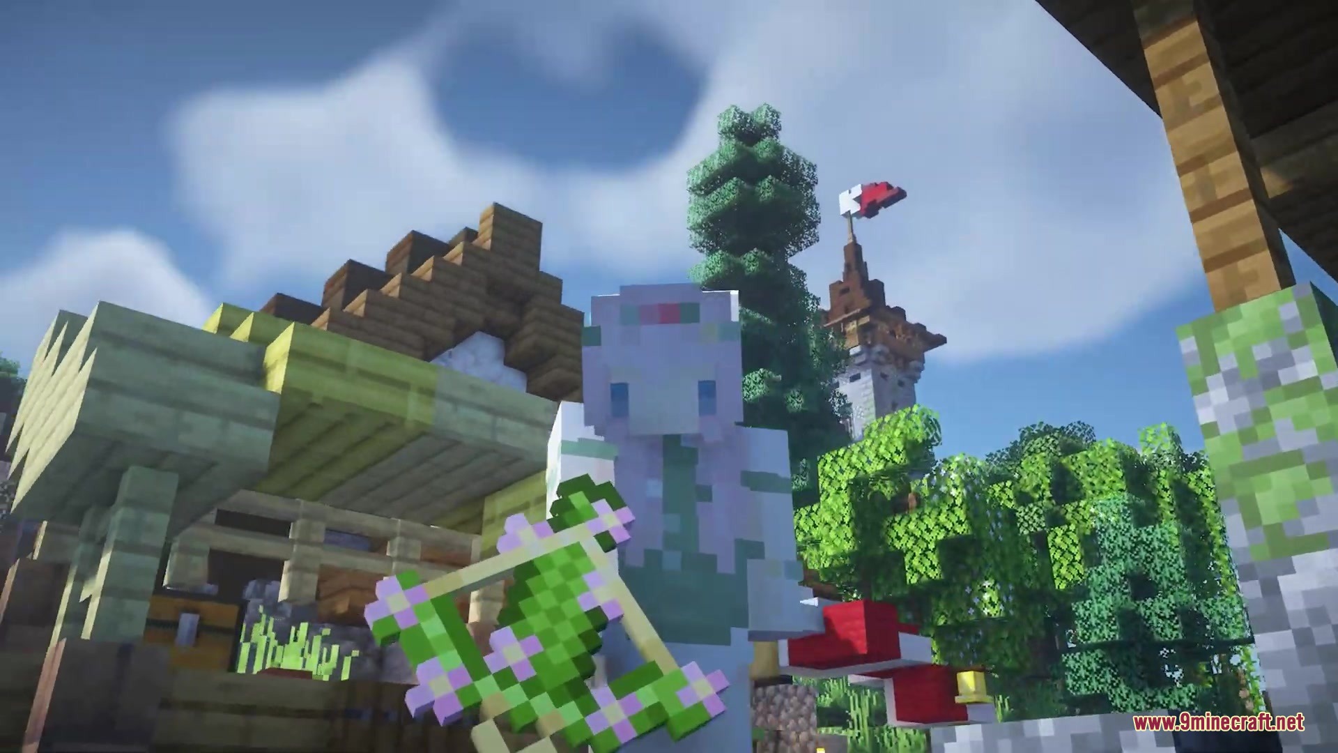 Flowering Oak Leaves Resource Pack (1.19.2, 1.18.2) – Springtime Blossoms 4 Minecraft character holding a flowering oak leaf block near a tall stone tower