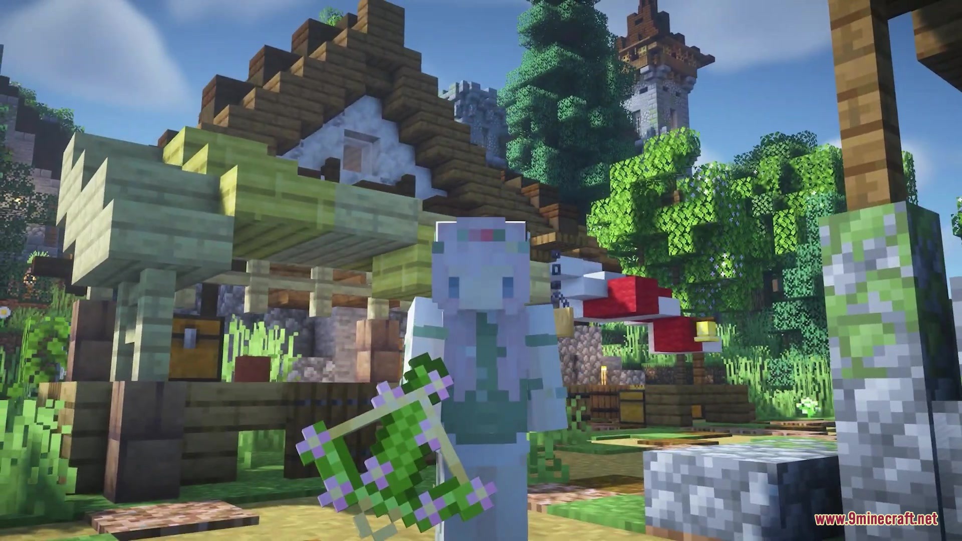 Flowering Oak Leaves Resource Pack (1.19.2, 1.18.2) – Springtime Blossoms 5 Player showcasing a flowering oak leaf block in front of a wooden house