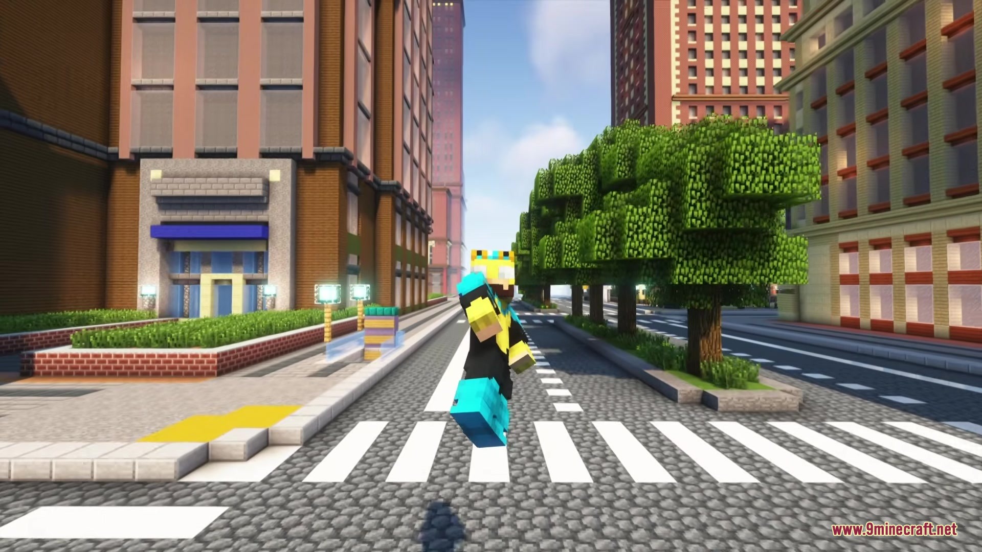 Forged Reactor Iron Man Mod (1.20.1) – Craft And Fly In Upgradable Iron Man 2 A player wearing a blue and yellow superhero suit runs across a crosswalk