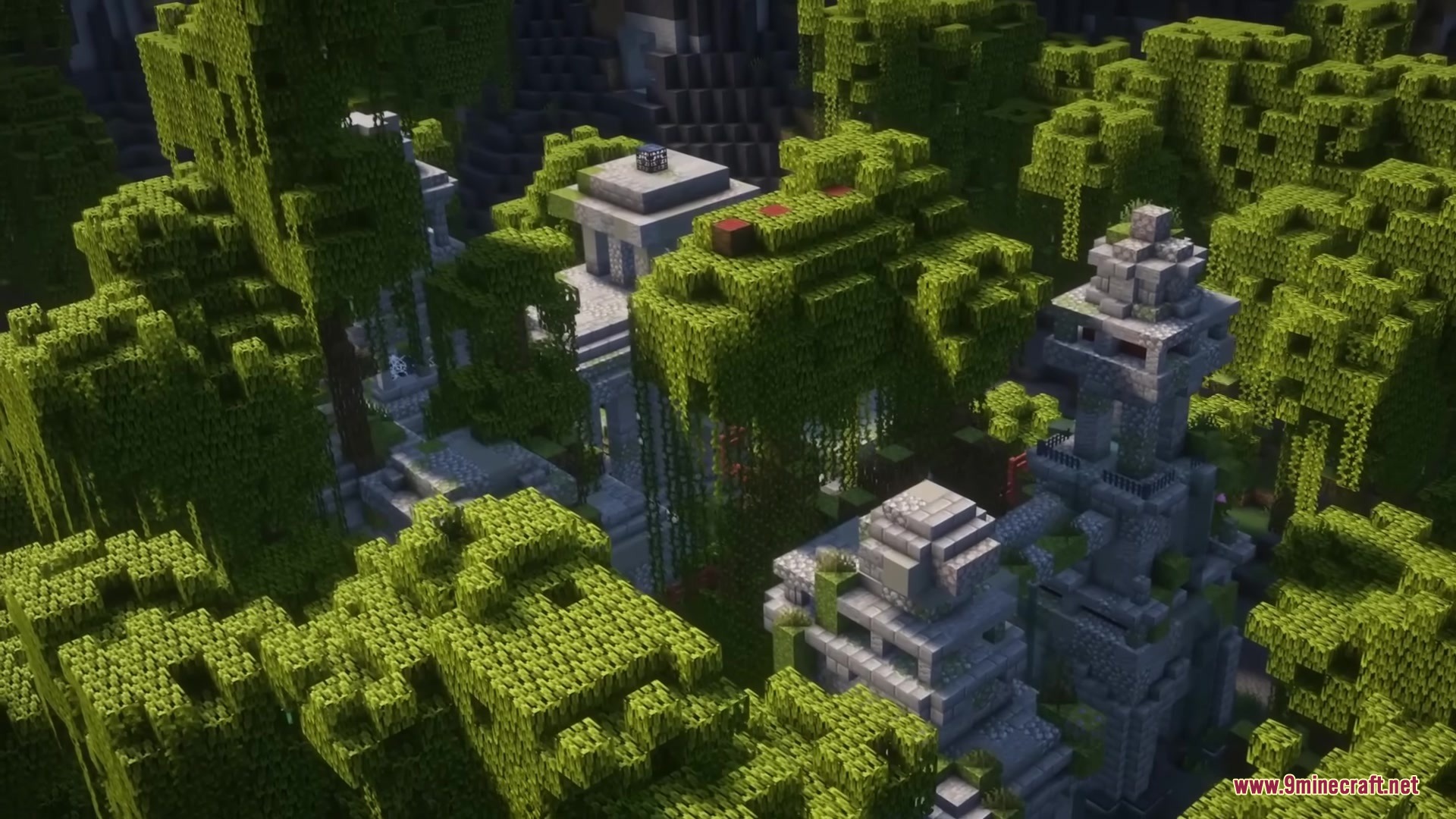 Aerial view of ancient stone temples with a spawner in the jungle