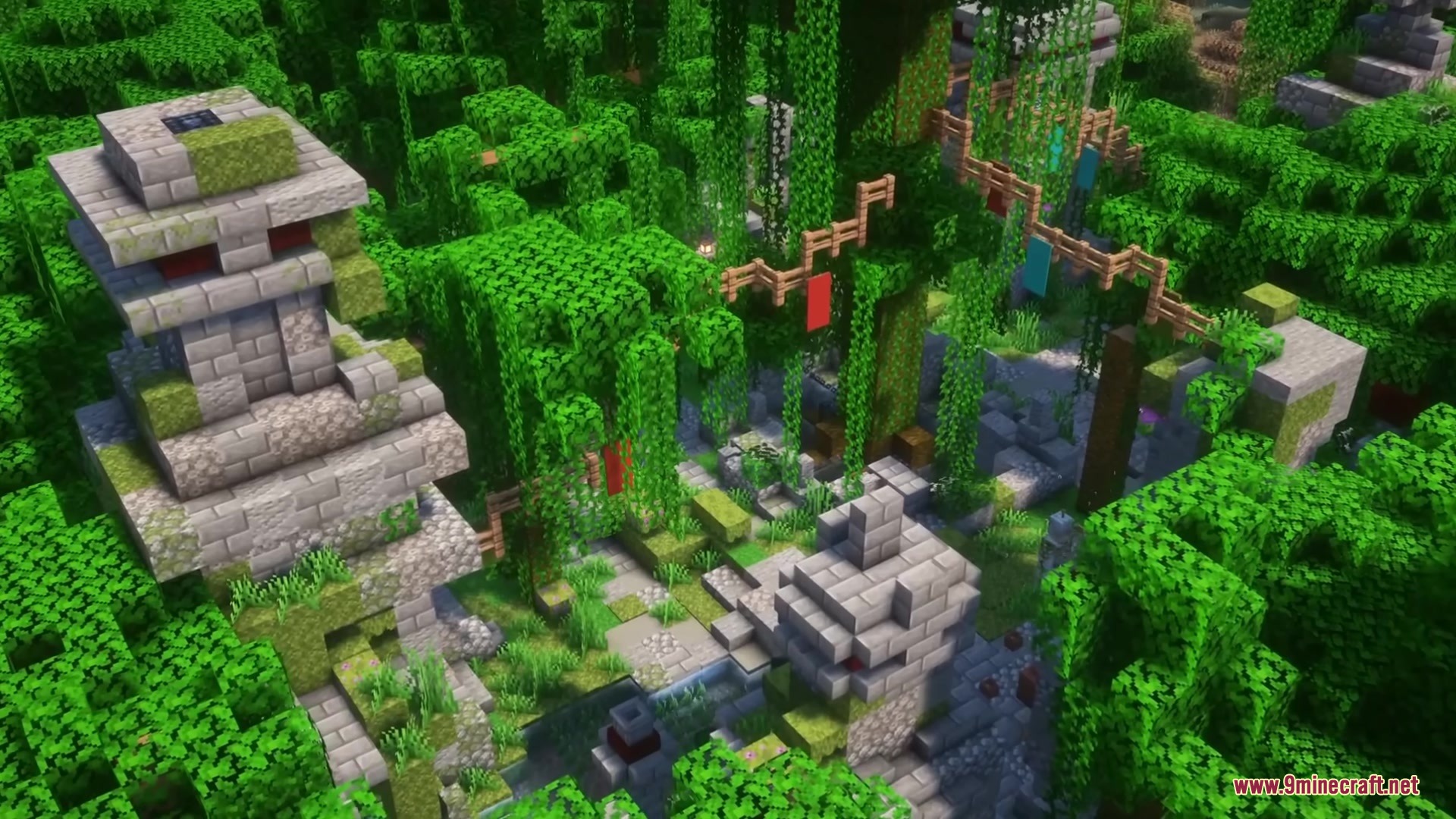 Overgrown stone ruins with wooden bridges and banners in a lush jungle biome