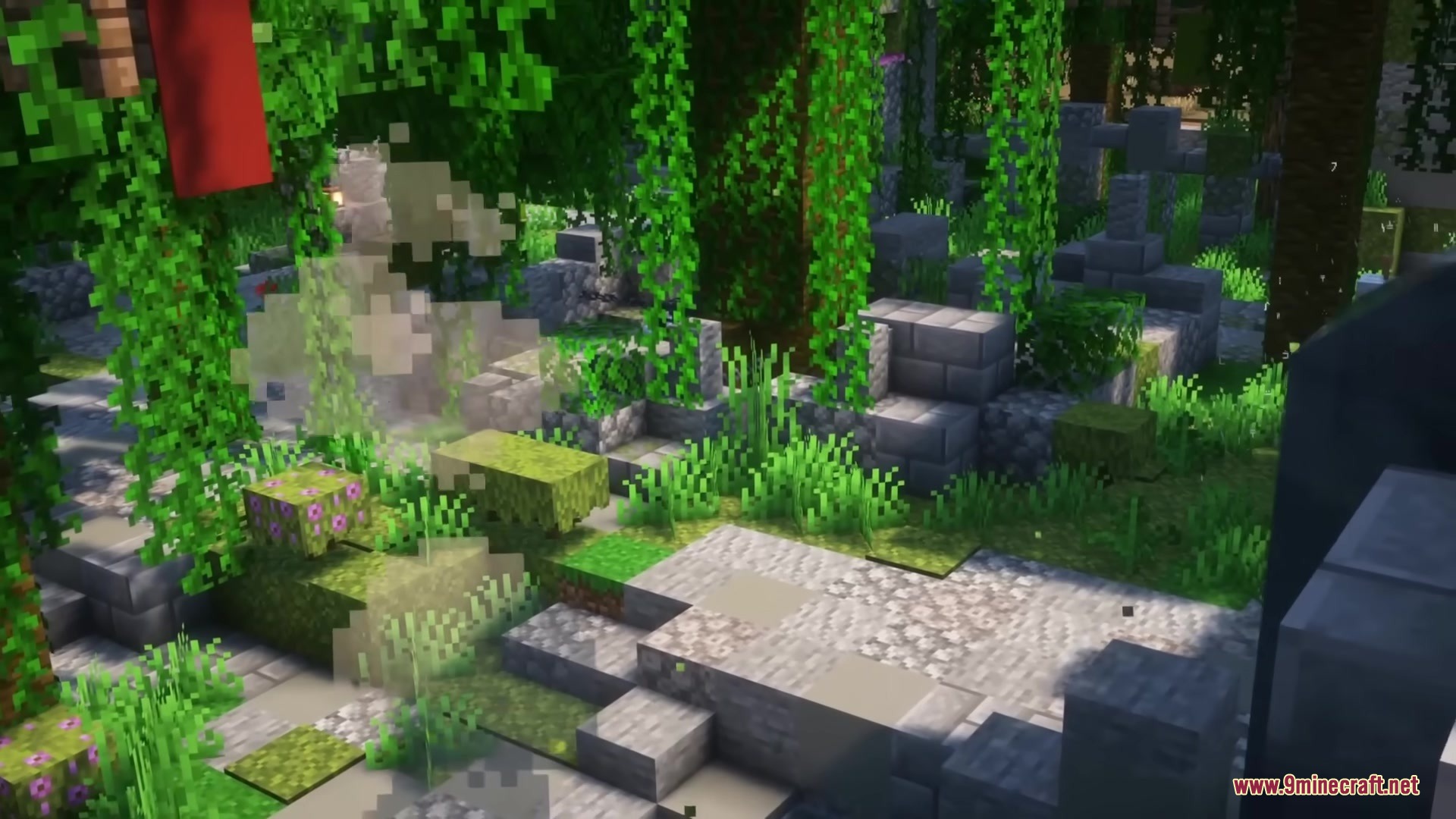 Ground view of abandoned stone ruins covered in vines and lush green vegetation