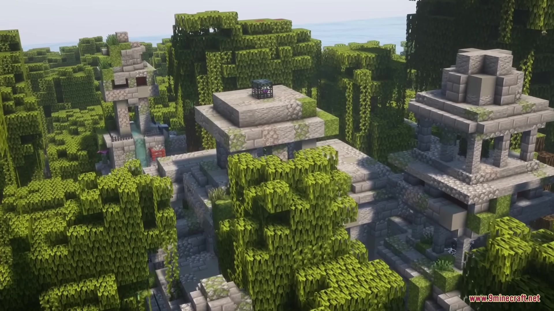 Overgrown stone ruins with a monster spawner located in a dense jungle