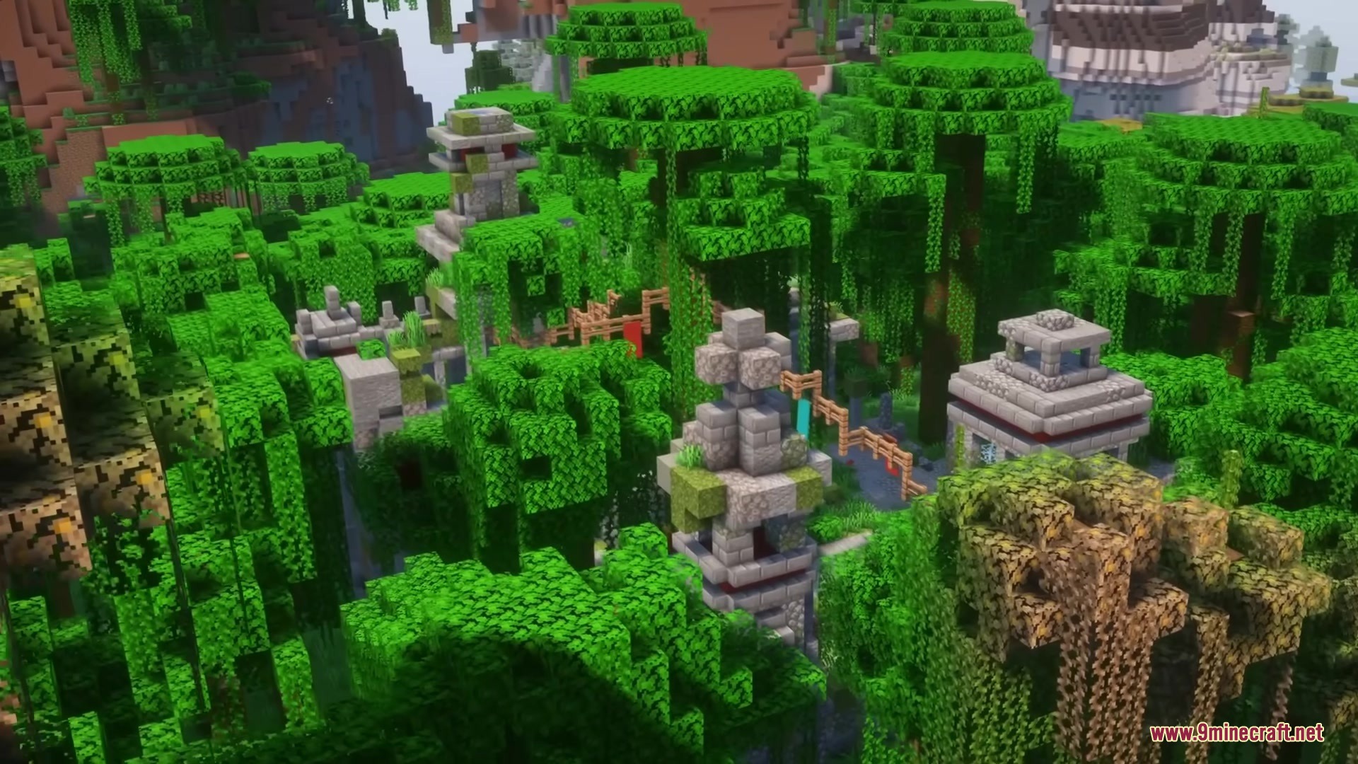 Mysterious stone structures and temples scattered throughout a vibrant jungle landscape