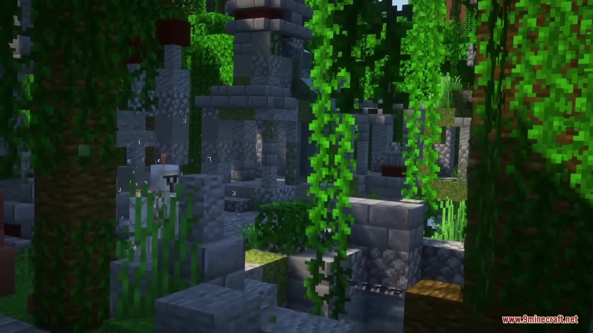 An iron golem guardian stands behind vines near an ancient stone structure
