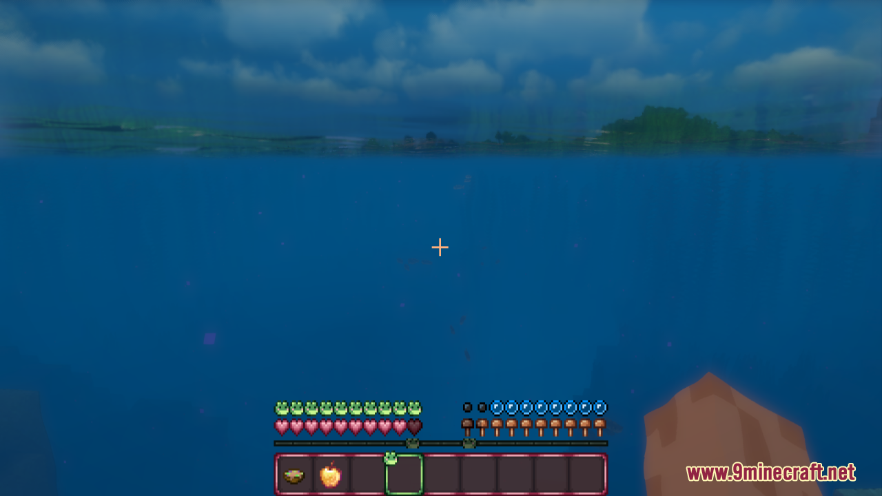 Frogcrafting Hotbar Resource Pack (26.1.2, 1.20.1) – Cute Frog And Flower 6 Minecraft player swimming underwater with a custom frog themed hotbar and health bar