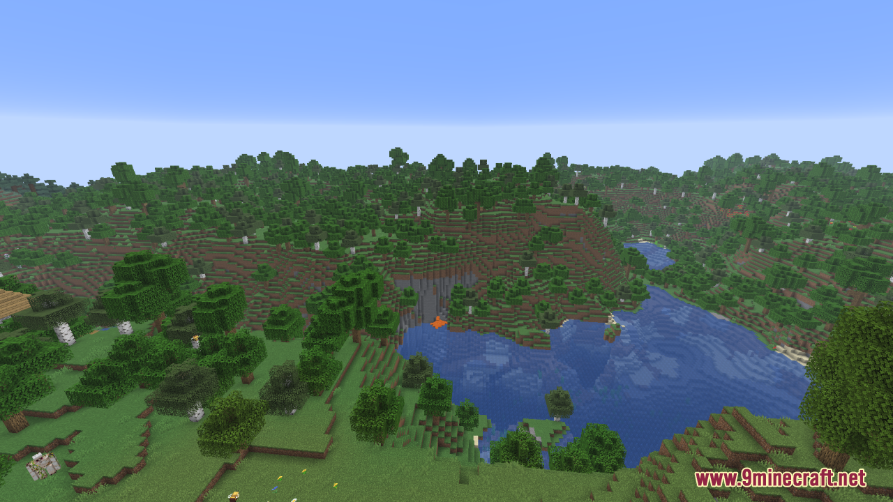 Gamma Boost Resource Pack (1.21.11, 1.21.1) – Brighter Nights And Clearer Caves 2 A bright forest landscape with a lake and many green trees