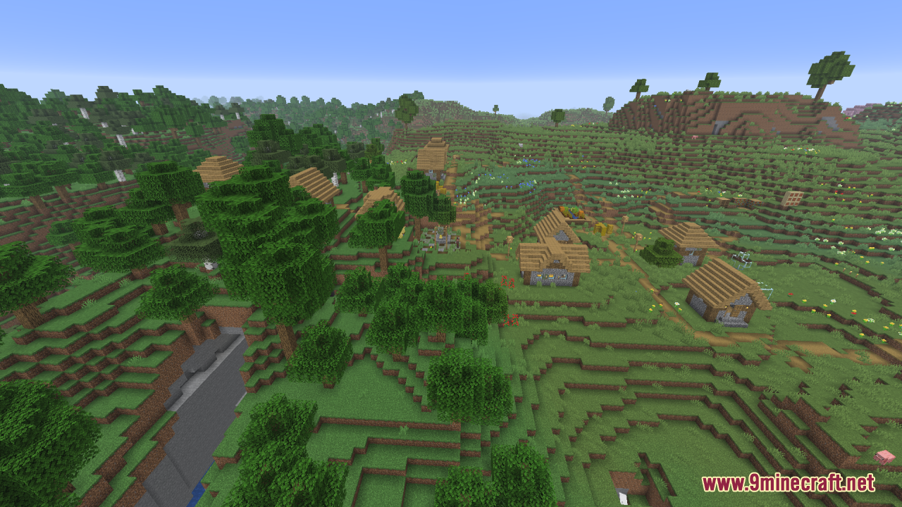 Gamma Boost Resource Pack (1.21.11, 1.21.1) – Brighter Nights And Clearer Caves 12 A peaceful minecraft village with wooden houses on a bright green hill