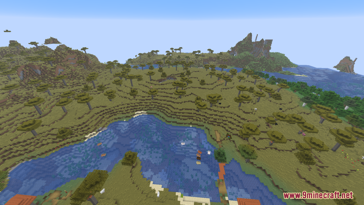 Gamma Boost Resource Pack (1.21.11, 1.21.1) – Brighter Nights And Clearer Caves 5 Scenic view of a savanna biome with a lake and rolling hills