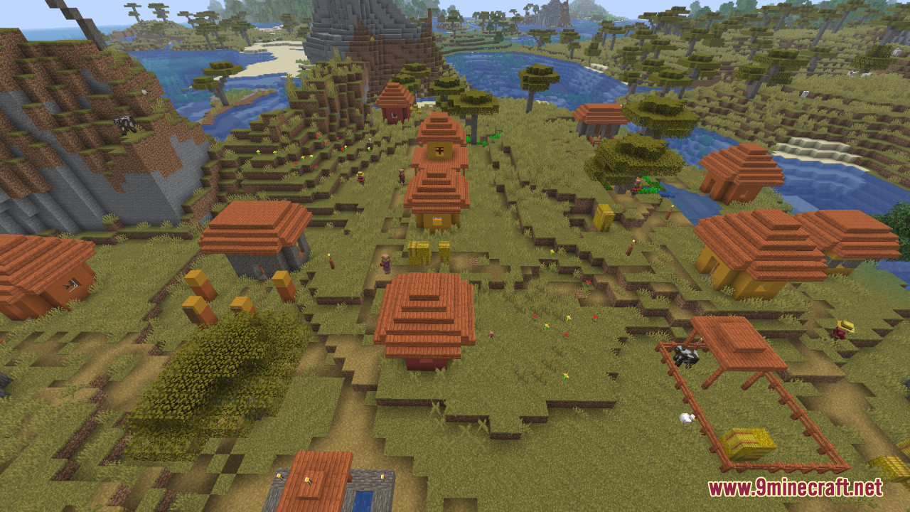 Gamma Boost Resource Pack (1.21.11, 1.21.1) – Brighter Nights And Clearer Caves 6 A bright savanna village with several houses and paths under clear skies