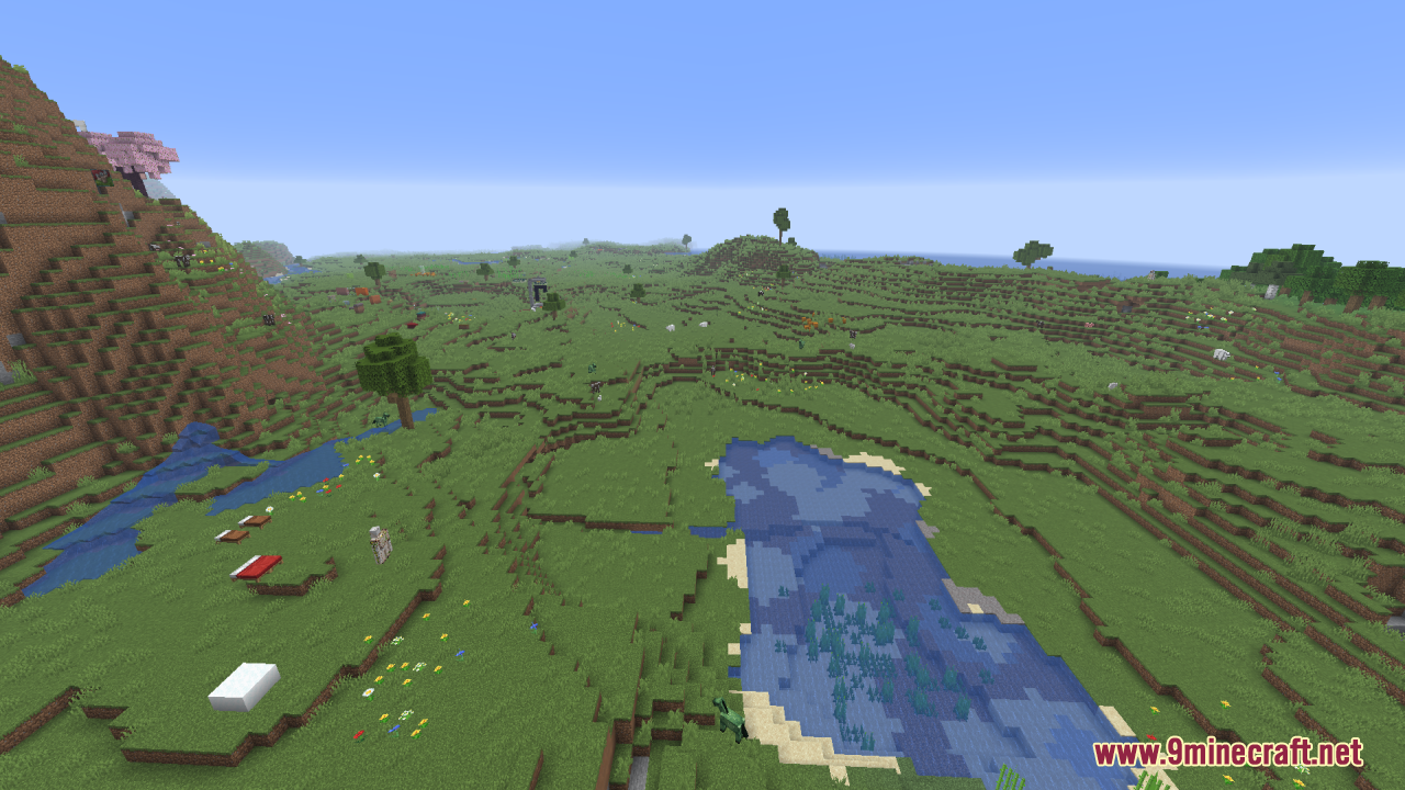 Gamma Boost Resource Pack (1.21.11, 1.21.1) – Brighter Nights And Clearer Caves 7 A wide green landscape featuring a lake and distant hills with bright lighting