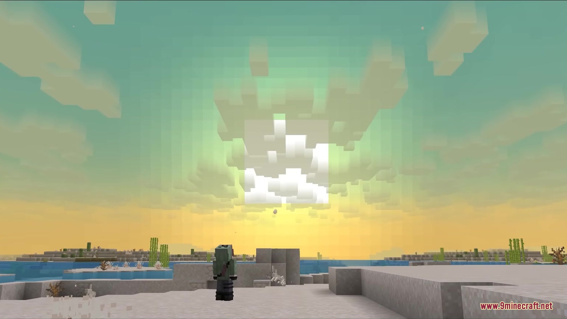 Gradient Clouds Resource Pack (26.1.2, 1.21.11) – Story Mode Style Fading Clouds 2 A player in a desert biome looks at the sunset and gradient clouds