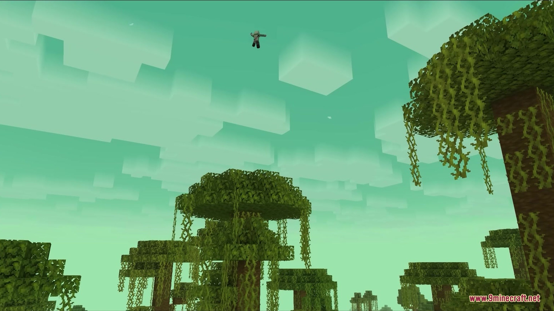 Gradient Clouds Resource Pack (26.1.2, 1.21.11) – Story Mode Style Fading Clouds 4 A figure floats in the sky above a jungle under soft blocky clouds