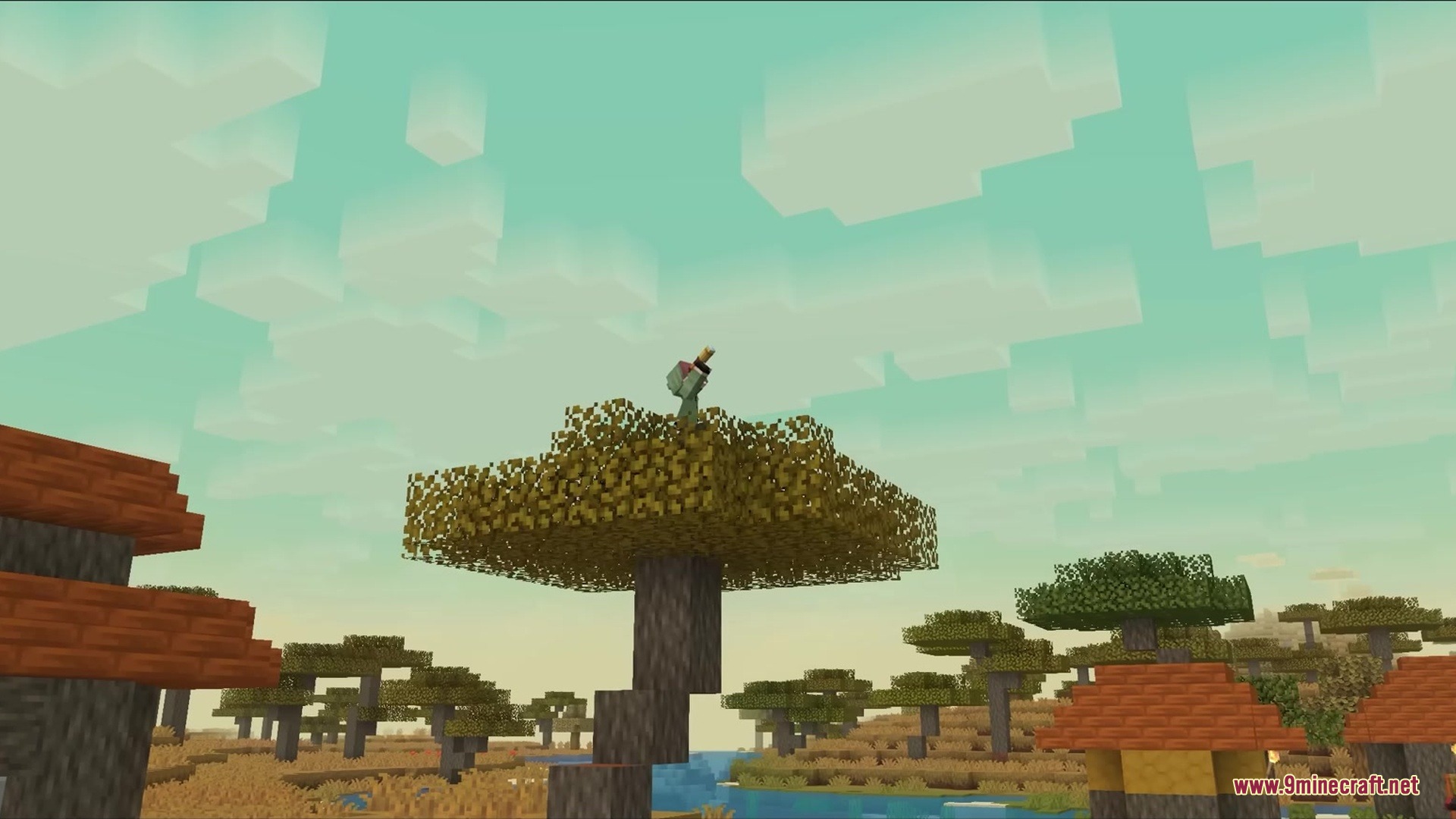 Gradient Clouds Resource Pack (26.1.2, 1.21.11) – Story Mode Style Fading Clouds 5 A small character stands on a tree overlooking a village with gradient clouds