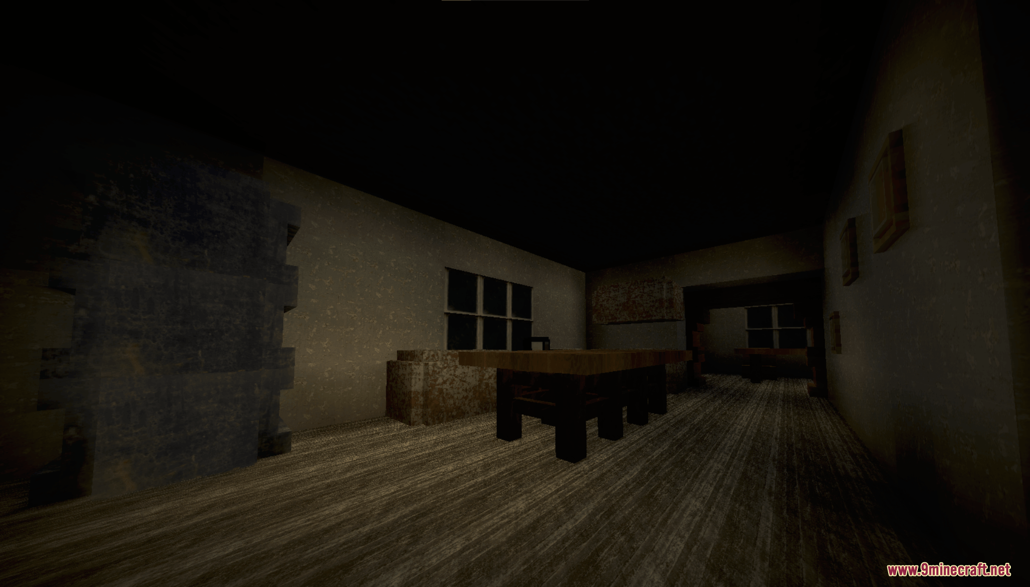 Grannys House Map (26.2, 1.20.1) – Escape A Locked House Before The Killer Strikes 3 A large wooden table sits in a dimly lit room with a window
