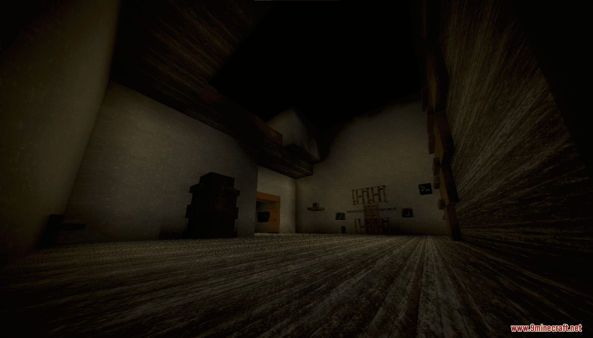 Grannys House Map (26.2, 1.20.1) – Escape A Locked House Before The Killer Strikes 6 A dark room with wooden floors and white walls in grannys house map