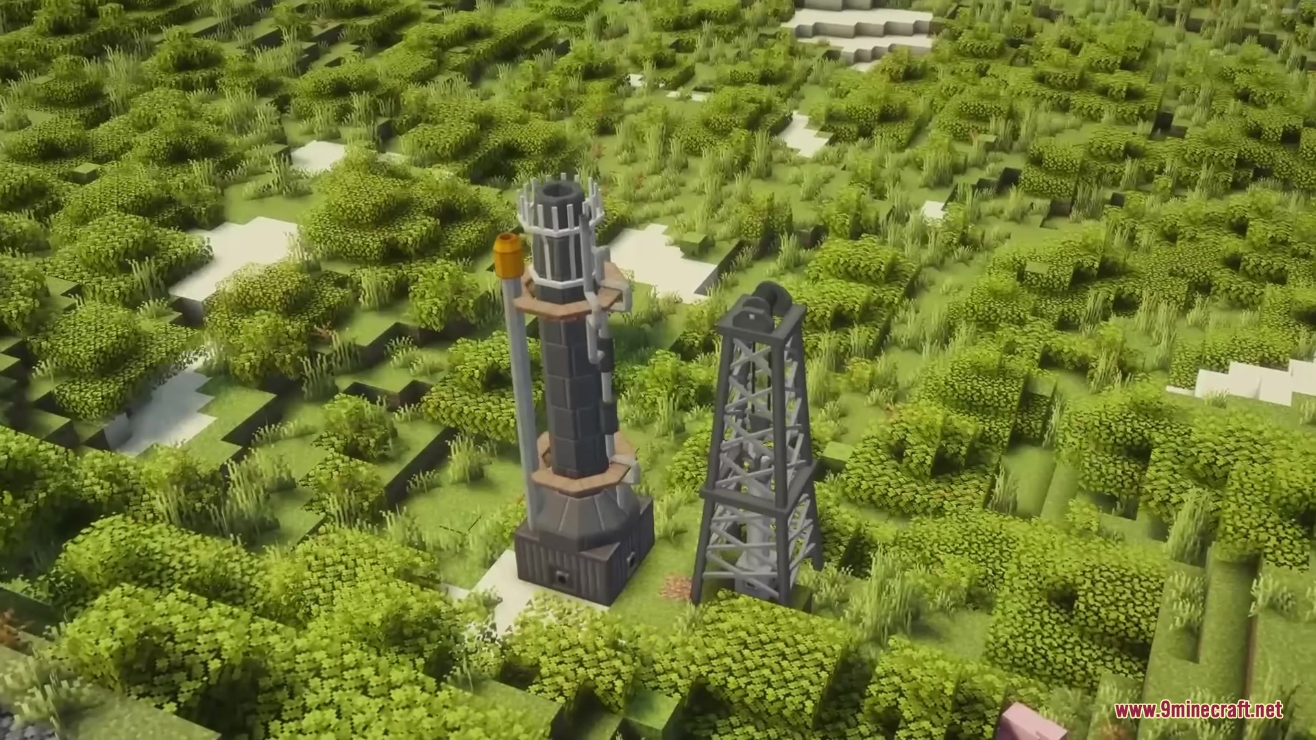 Hbm Ntm Rebirth Mod (1.20.1) – Build Nuclear Reactors And Detonate Massive Bombs 11 A large industrial refinery and oil derrick situated within a lush green forest