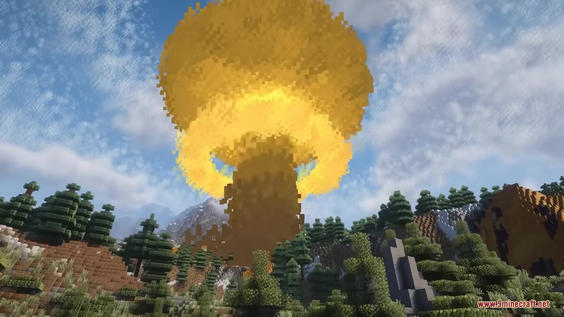 Hbm Ntm Rebirth Mod (1.20.1) – Build Nuclear Reactors And Detonate Massive Bombs 4 A massive yellow mushroom cloud explosion towering over a forest and mountains