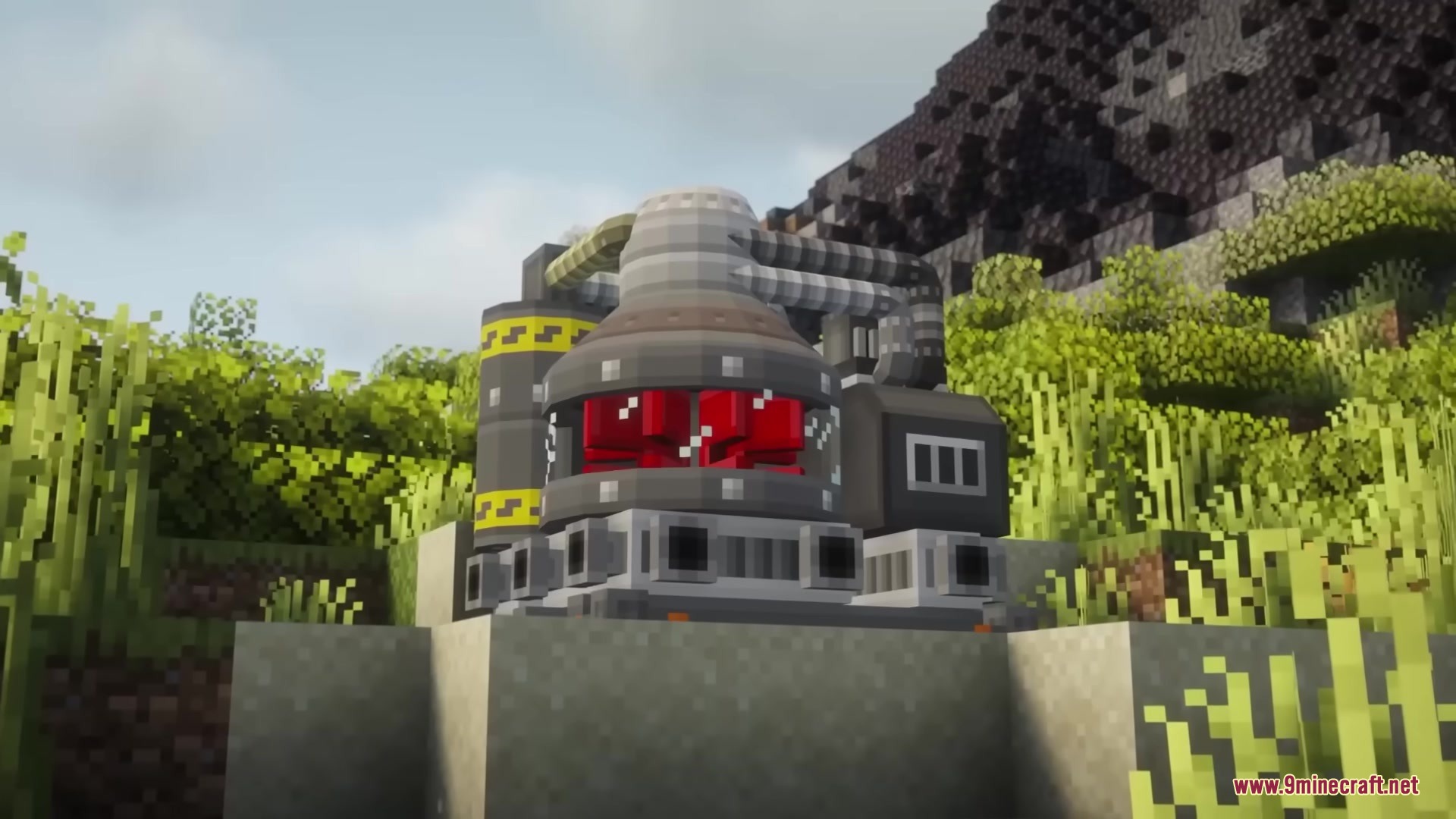 Hbm Ntm Rebirth Mod (1.20.1) – Build Nuclear Reactors And Detonate Massive Bombs 5 A complex industrial nuclear machine with pipes and a glowing red core