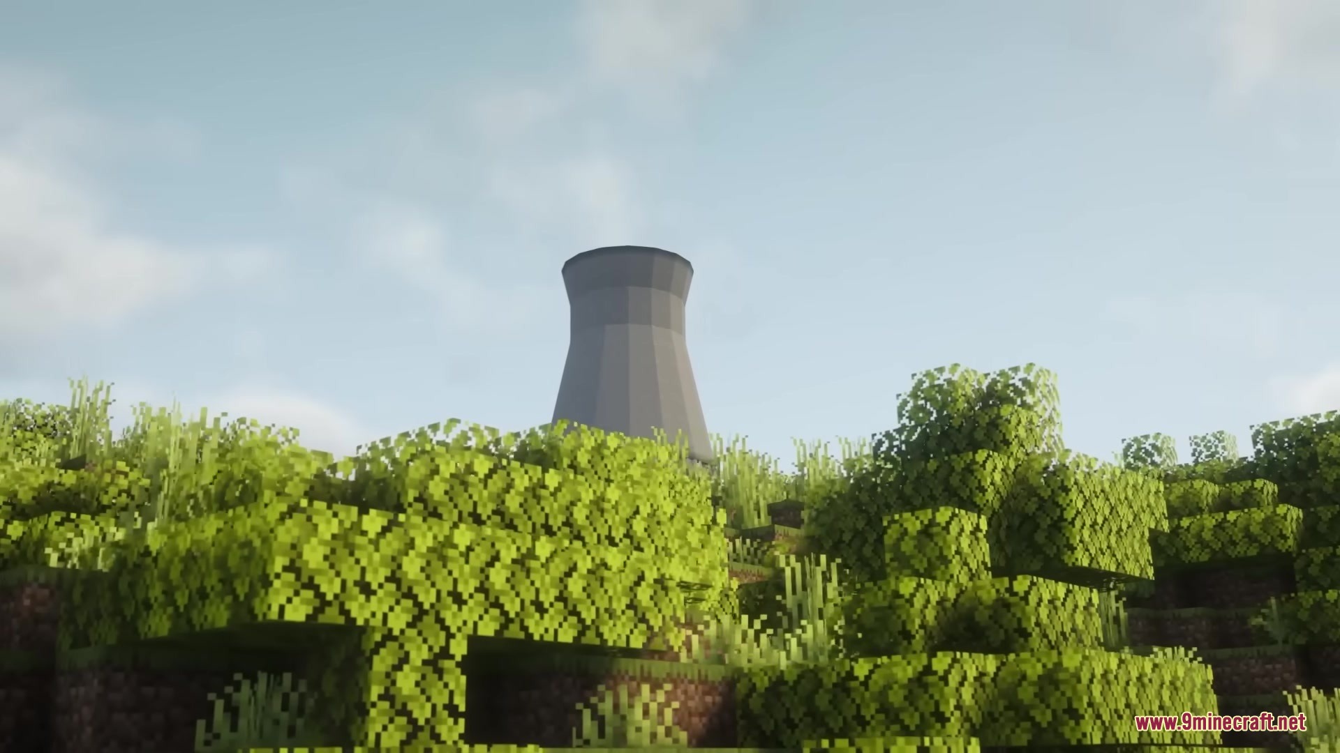 Hbm Ntm Rebirth Mod (1.20.1) – Build Nuclear Reactors And Detonate Massive Bombs 9 A tall grey cooling tower stands behind lush green trees in the distance