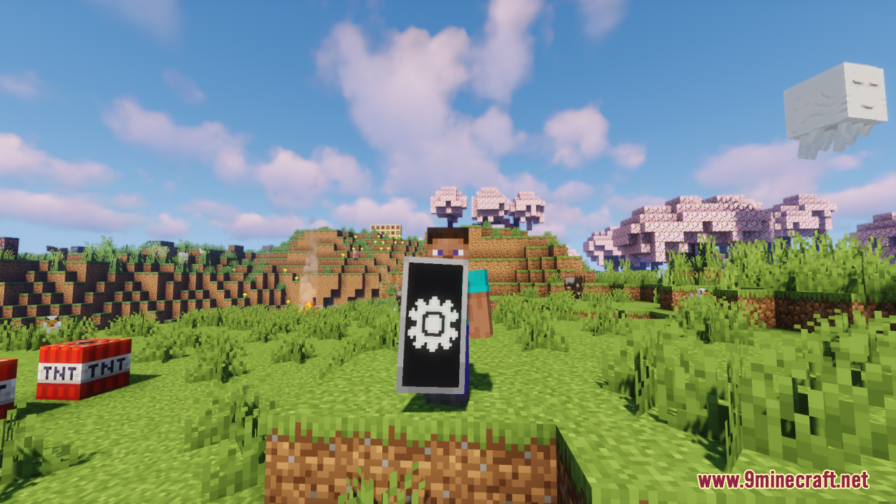 Hd Shield Resource Pack (26.1.2, 1.20.1) – Crystal Clear Custom Shield Banners 5 A minecraft player holding a black shield with a white gear pattern