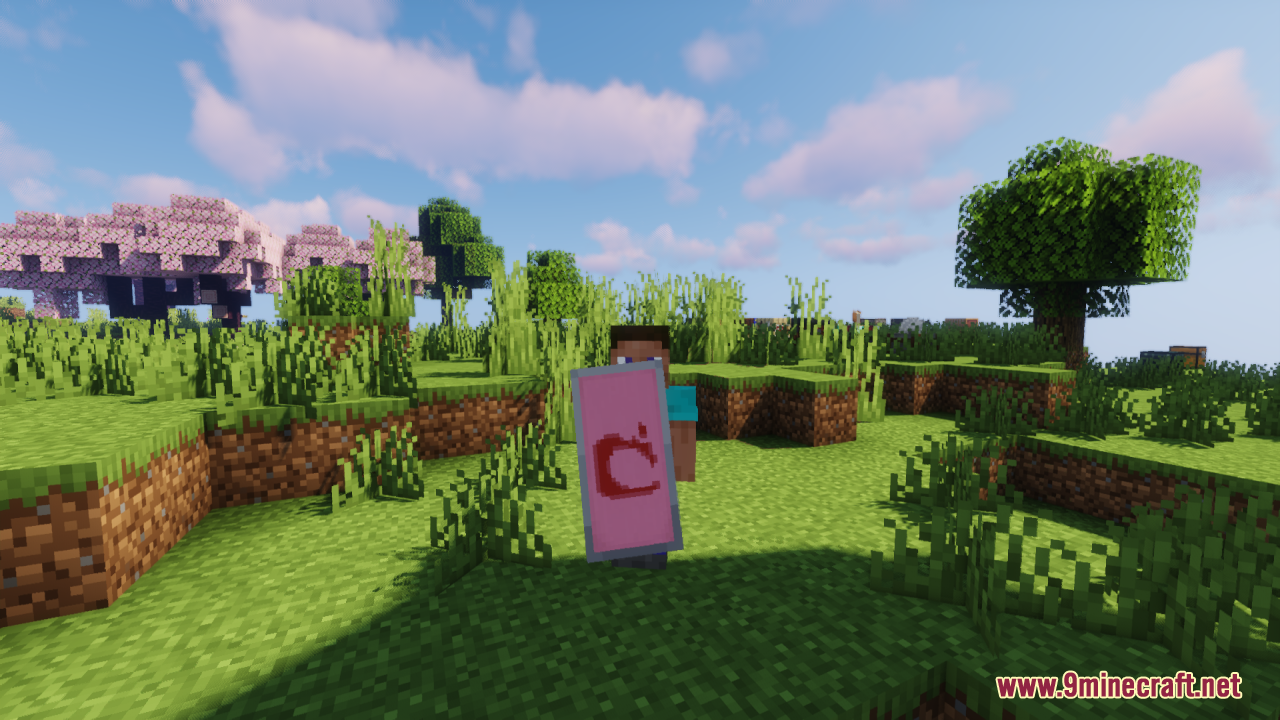 Hd Shield Resource Pack (26.1.2, 1.20.1) – Crystal Clear Custom Shield Banners 7 A player character holding a pink shield with a high resolution red pattern