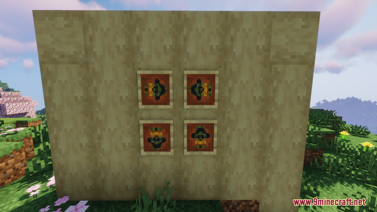 Halo Totem Of Undying Resource Pack (1.21.11, 1.21.1) – A Sleek Sci-Fi Design 11 Four different halo inspired totem designs displayed in item frames on a wall