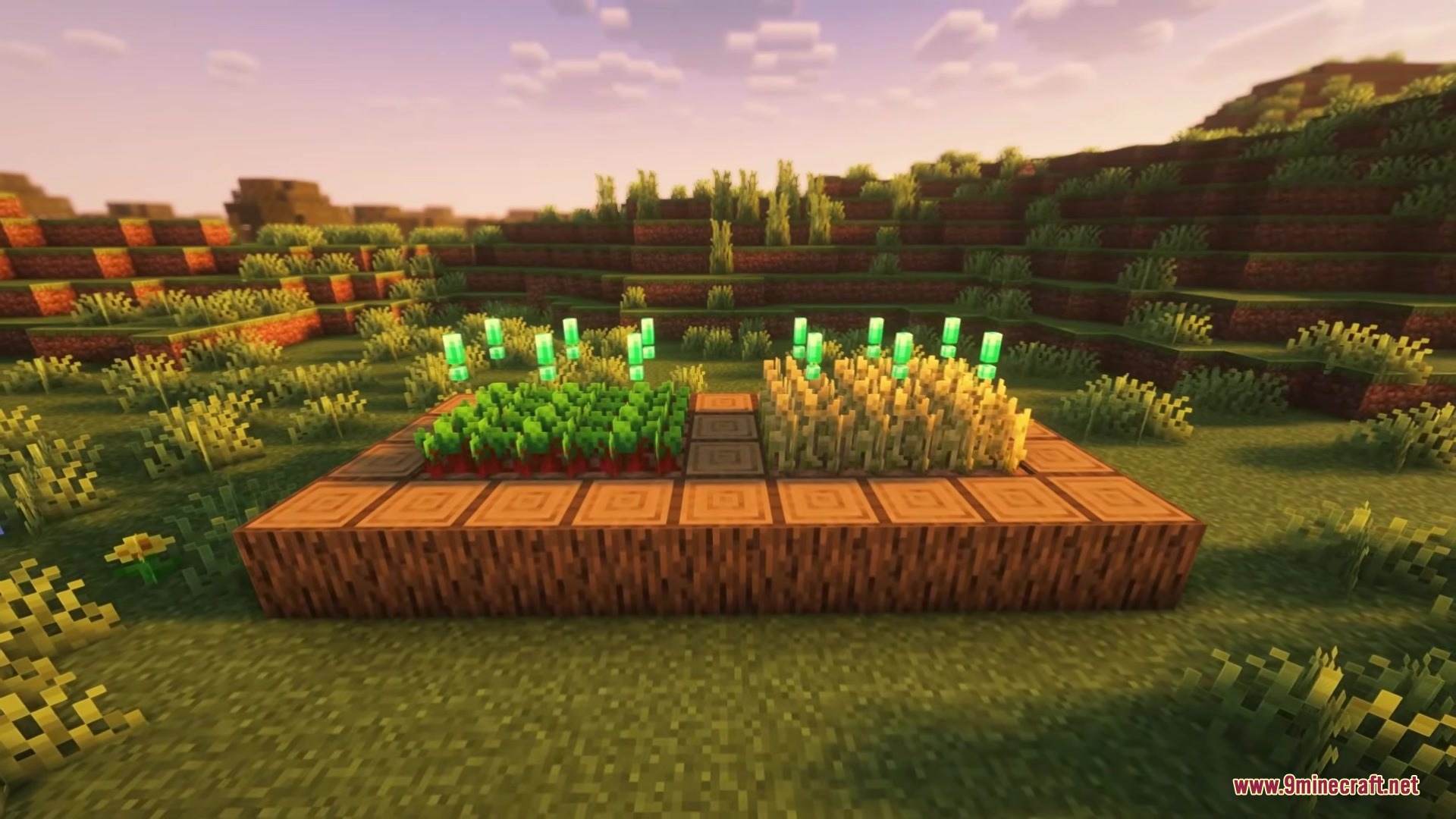 High Resolution Paintings Resource Pack (26.2, 1.20.1) 2 A small farm with wheat and carrots surrounded by decorative wooden blocks