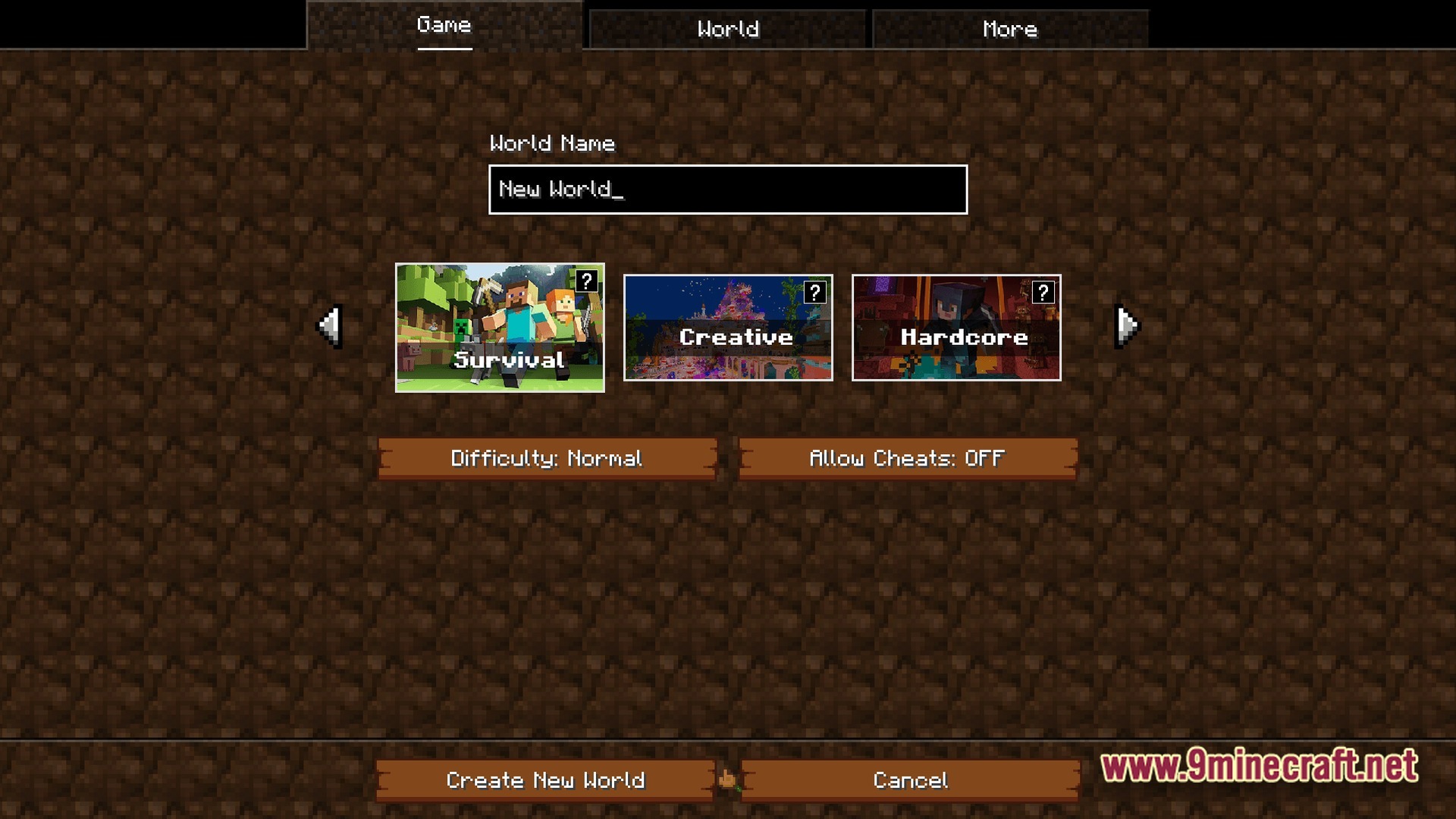 The world creation menu featuring options for survival, creative, and hardcore game modes with custom buttons
