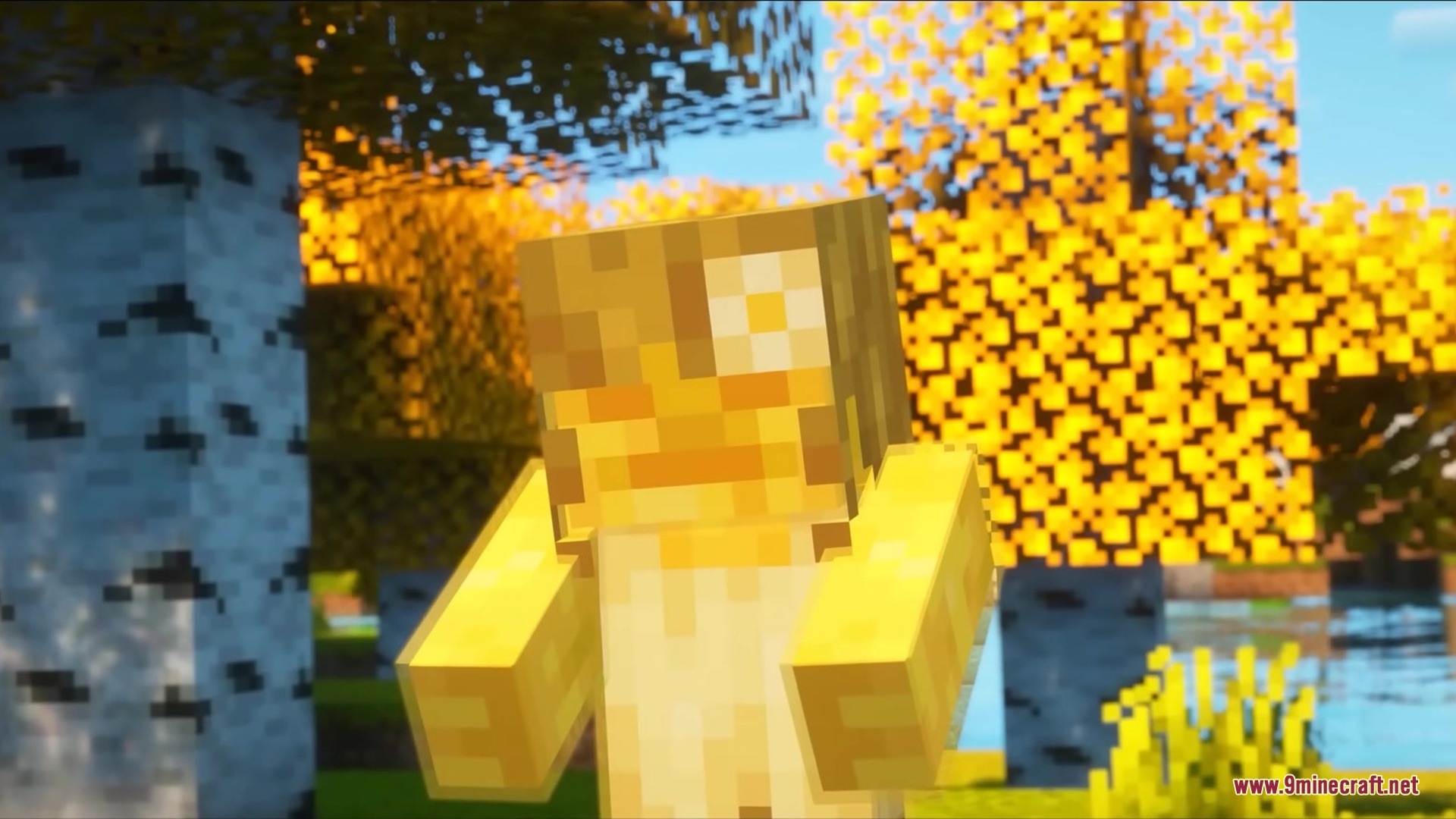 A honey covered mellified mob stands among golden trees in a forest