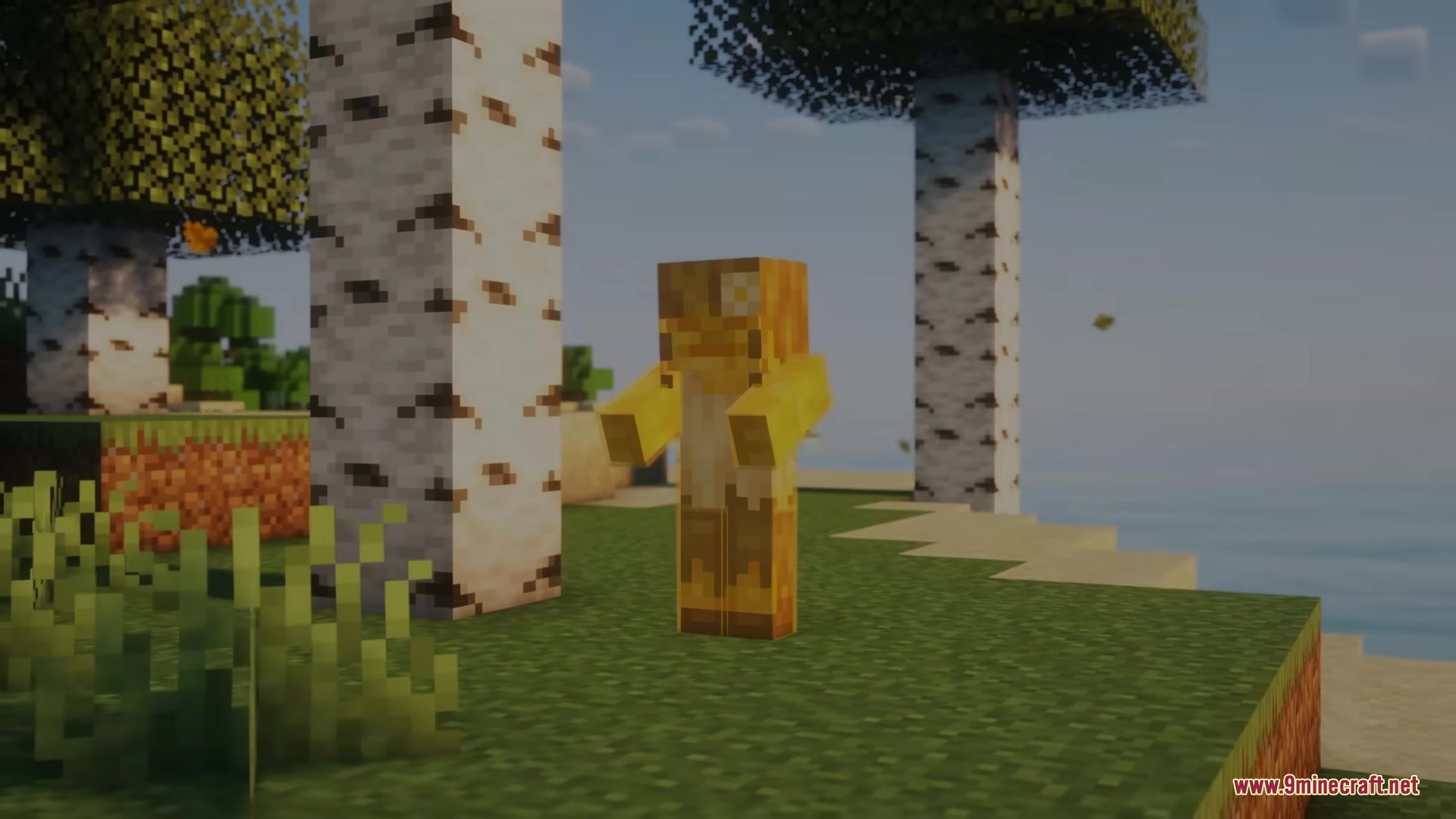 A mellified mob covered in honey stands in a birch forest biome