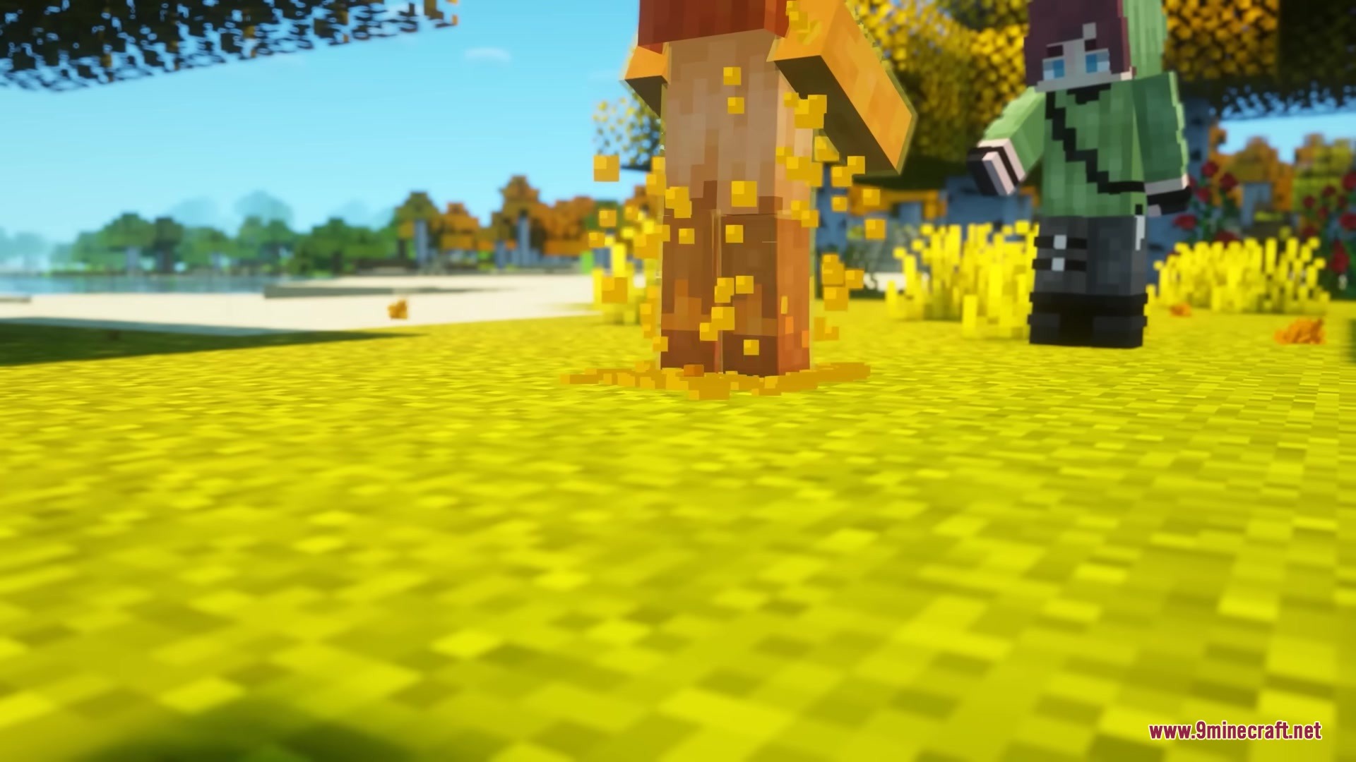 Yellow honey particles splash around the feet of a mellified mob